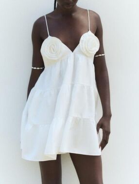 Zara White Spaghetti Strap Tiered Dress with Rosette Accents SIZE L